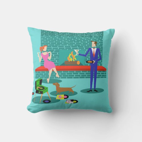 Retro Couple with Dog Outdoor Pillow