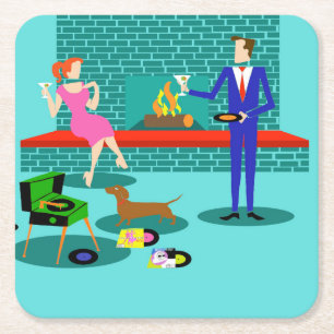Retro Couple with Dog Paper Coaster