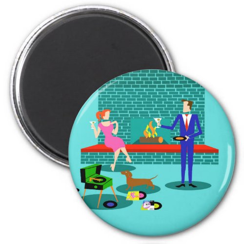 Retro Couple with Dog Round Magnet