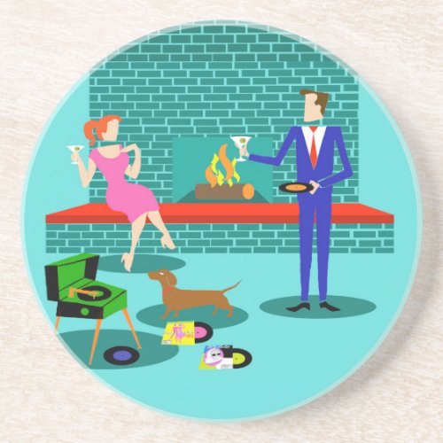 Retro Couple with Dog Sandstone Coaster
