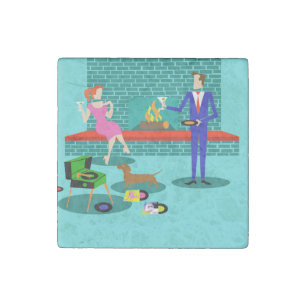 Retro Couple with Dog Stone Magnet