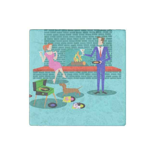 Retro Couple with Dog Stone Magnet (Front)