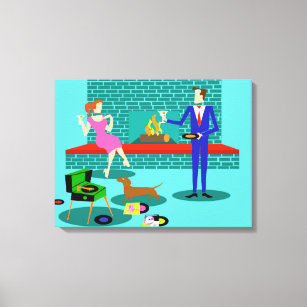 Retro Couple with Dog Stretched Canvas Print