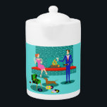 Retro Couple with Dog Teapot<br><div class="desc">This Retro Couple with Dog Teapot looks like a scene out of a romantic comedy. The 1960s's style, minimalist art design features an attractive couple enjoying a romantic evening at home. The sophisticated room prominently features an aqua and teal brick fireplace with a bright red ledge. A beautiful, redhead woman...</div>