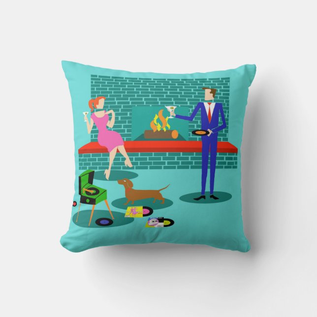 Retro Couple with Dog Throw Pillow (Front)
