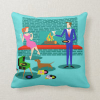 Retro Couple with Dog Throw Pillow