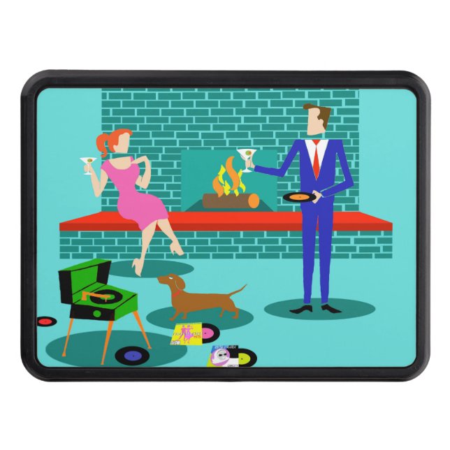 Retro Couple with Dog Trailer Hitch Cover (Front)