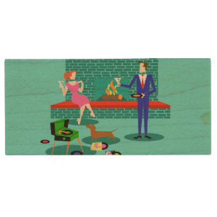 Retro Couple with Dog USB Wooden Flash Drive