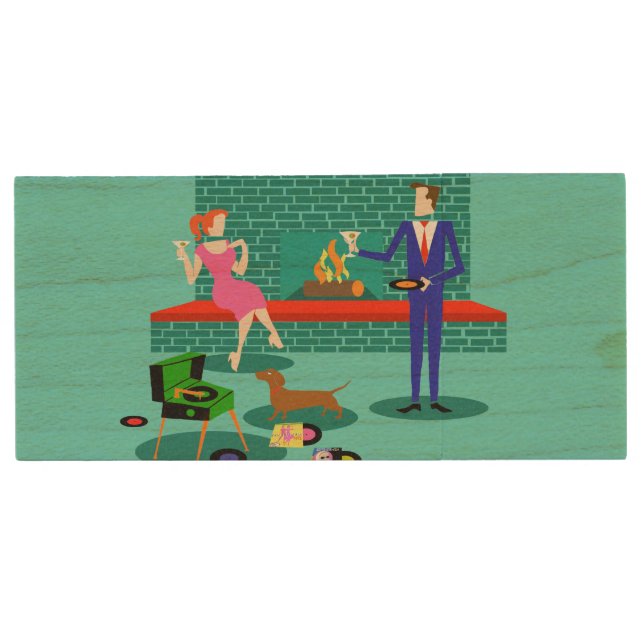 Retro Couple with Dog USB Wooden Flash Drive (Front)
