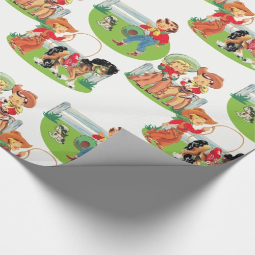 Retro Cowboy Cowgirl Kids Birthday Wrapping Paper