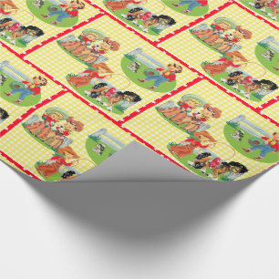 Retro Cowboy Cowgirl Kids Birthday Yellow Check Wrapping Paper