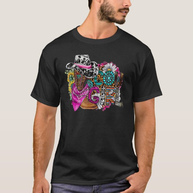 Retro Cowgirl Boots Hat Sunflower Turquoise Wester T-Shirt (Front)