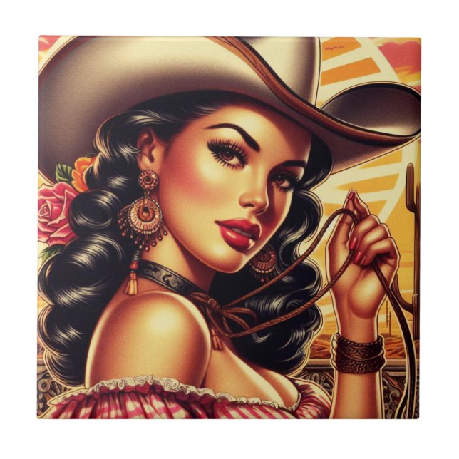 Retro Cowgirl Ceramic Tile (Front)