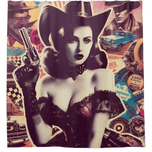 Retro Cowgirl Collage Shower Curtain (Front)
