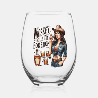 Retro Cowgirl Drinkware Set - Whiskey Kills the Bo Stemless Wine Glass