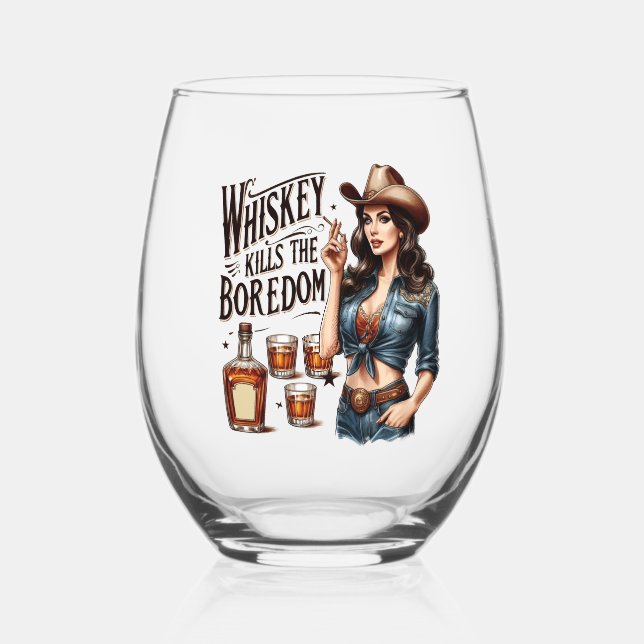 Retro Cowgirl Drinkware Set - Whiskey Kills the Bo Stemless Wine Glass (Front)