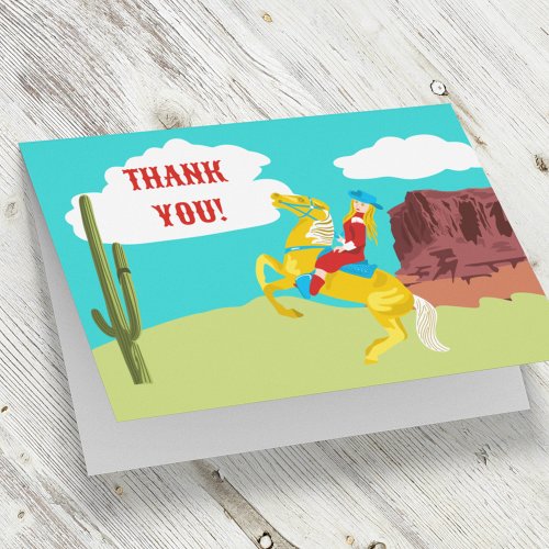 Retro Cowgirl in Western Landscape Thank You Card