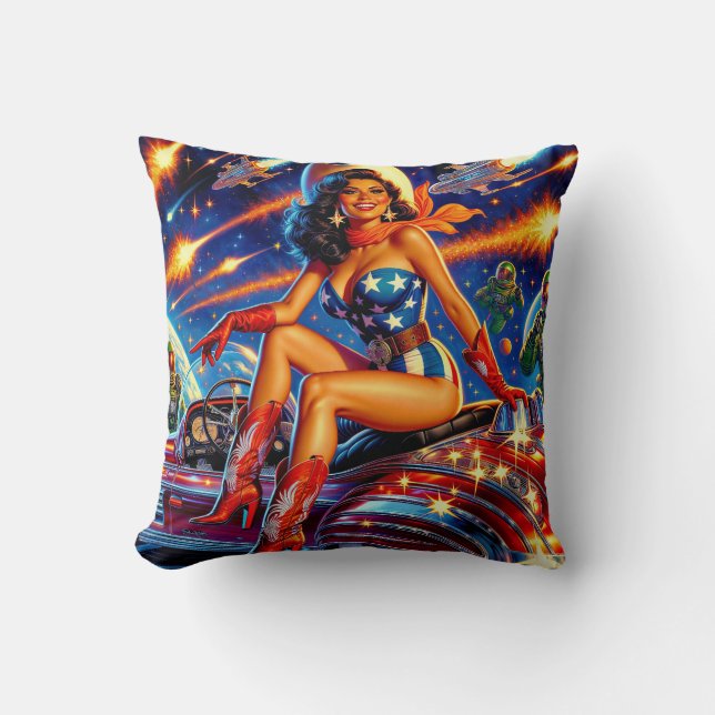 Retro Cowgirl Pin-Up Throw Pillow (Front)