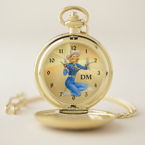 Retro Cowgirl Pinup in Blue Pocket Watch