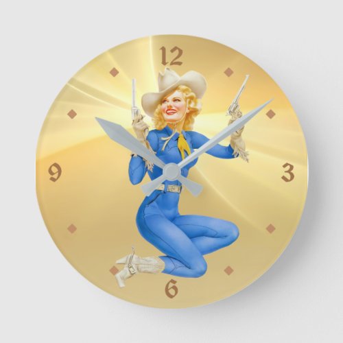 Retro Cowgirl Pinup in Blue Round Clock
