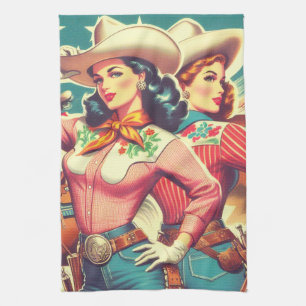 Retro Cowgirls Pin-ups Kitchen Towel