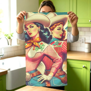 Retro Cowgirls Pin-ups Kitchen Towel