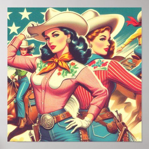 Retro Cowgirls Pin_ups Poster