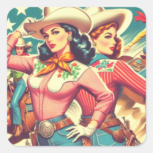 Retro Cowgirls Pin-ups Square Sticker (Front)