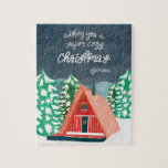 Retro Cozy Cabin in the Woods Christmas Jigsaw Puzzle<br><div class="desc">An illustration of a retro vintage A-frame cabin in the woods and the quote,  "Wishing you a super cozy Christmas" with original hand-lettering.</div>