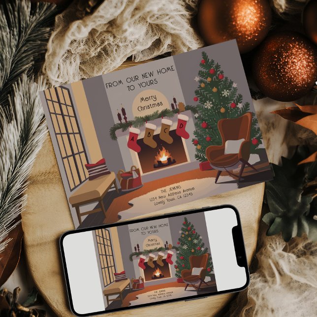 Retro Cozy Christmas Living Room Moving Announcement (Retro Cozy Christmas Monogram Stockings Card .. Holiday Moving Announcement by Darling & May)