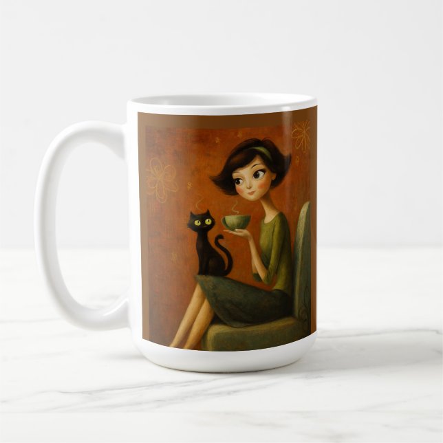 Retro Cozy Morning Black Cat Aesthetic  Coffee Mug (Left)