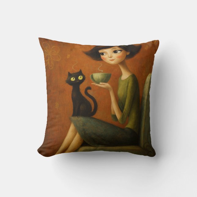 Retro Cozy Morning Black Cat Aesthetic  Throw Pillow (Front)