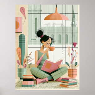 Retro Cozy Reading Room Girl Wall Art Decor Poster
