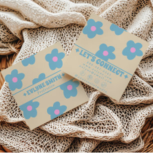 Retro Cream Blue Groovy Floral Trendy Fun Boho Square Business Card