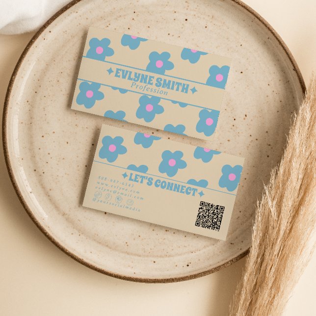 Retro Cream Blue QR Code Groovy Floral Boho Unique Business Card (Creator Uploaded)