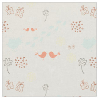 Retro cream colorful pattern of birds, dots, foots fabric