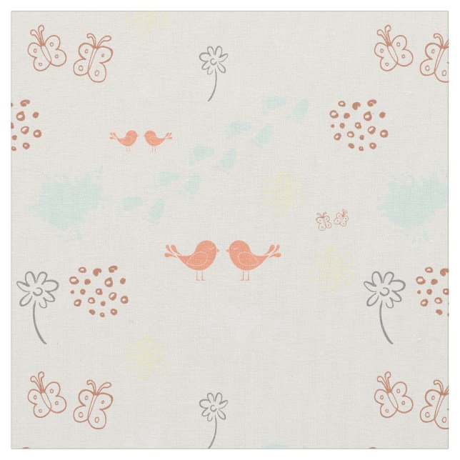 Retro cream colorful pattern of birds, dots, foots fabric (Close Up)