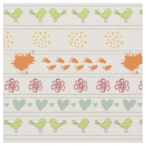 Retro cream offwhite pattern of birds, dots, foots fabric