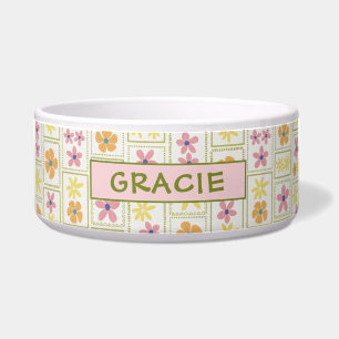 Retro Cream Patchwork Floral Custom Large Dog Bowl