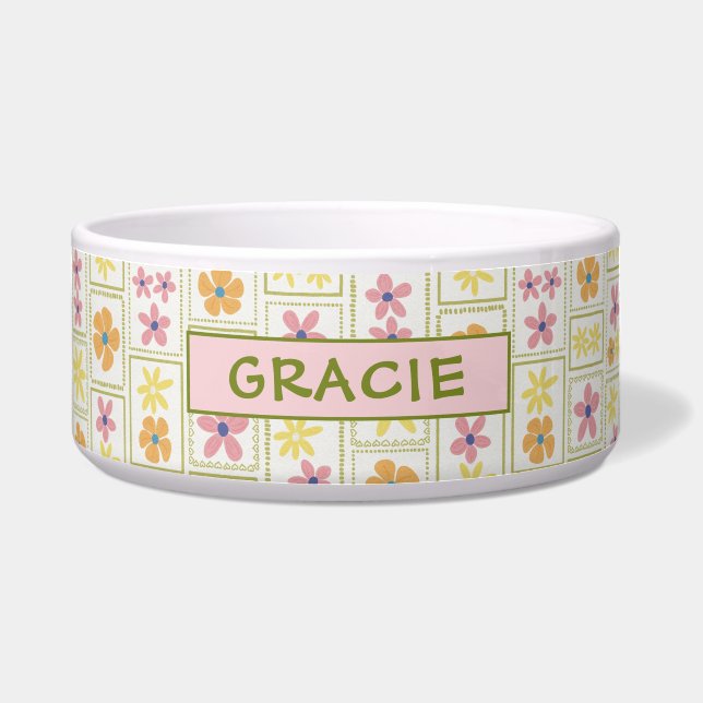 Retro Cream Patchwork Floral Custom Large Dog Bowl (Front)