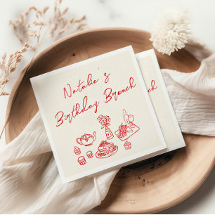 Retro Cream Red Hand Drawn Fun Birthday Brunch  Napkins