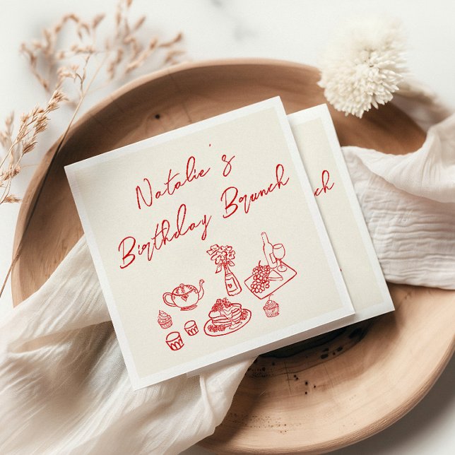 Retro Cream Red Hand Drawn Fun Birthday Brunch  Napkins (Creator Uploaded)