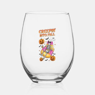 Retro Creepin into Fall Halloween Stemless Wine Glass