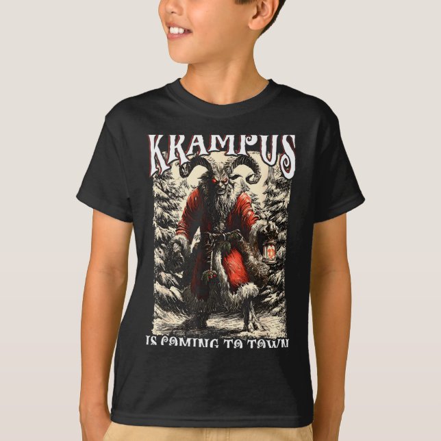Retro Creepmas Krampus Is Coming To Town Dark Humo T-Shirt (Front)