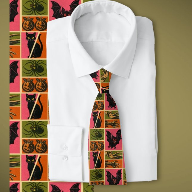 Retro Creeps Neck Tie (Fun vintage retro comic book style Halloween spiders, cats, ghosts, zombies and pumpkins)