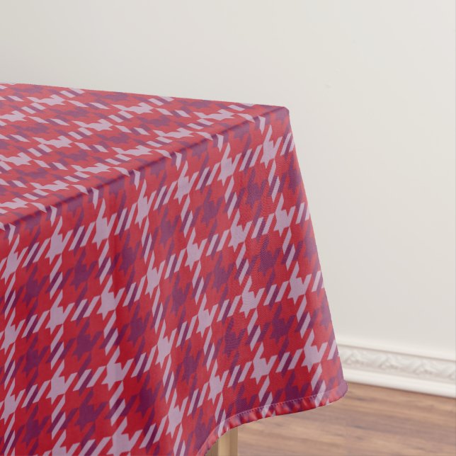 Retro crimson red purple houndstooth plaid pattern tablecloth (In Situ)