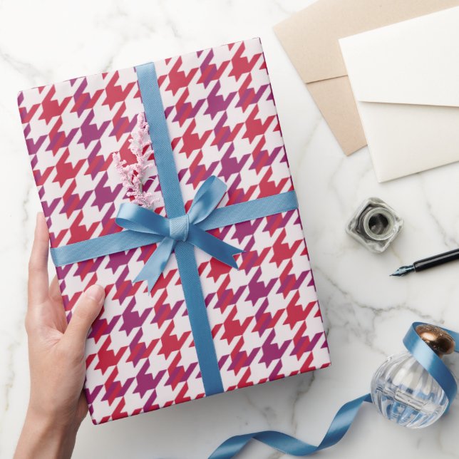 Retro crimson red purple houndstooth plaid pattern wrapping paper (Gifting)
