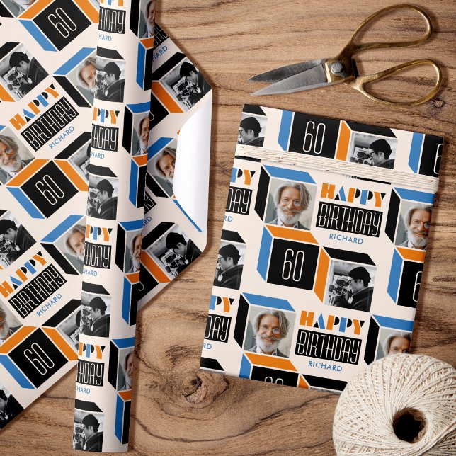 Retro Cube Modern Photo Birthday 60th Orange Blue Wrapping Paper (Creator Uploaded)