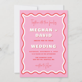 Retro Curve Squiggle Wavy Pink Red Photo Wedding Invitation