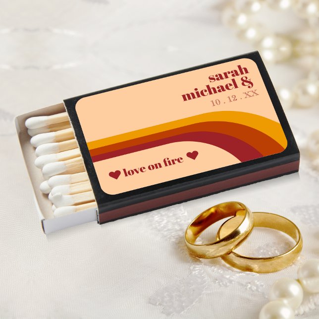 Retro Curved Stripe Love on Fire Wedding Favor Matchboxes (retro love on fire wedding matchbox matches)